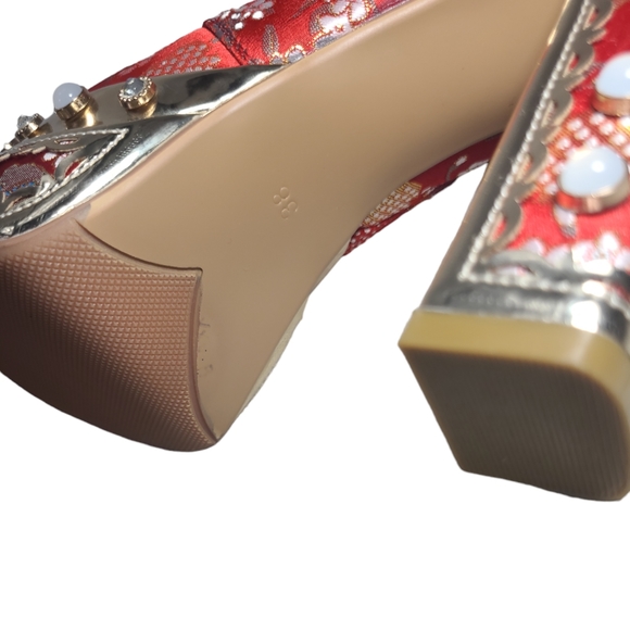 Womens Platform High Heels Square Toe Pearl Lace Strap Rivet Decor Boots 38(7.5) - Picture 11 of 13